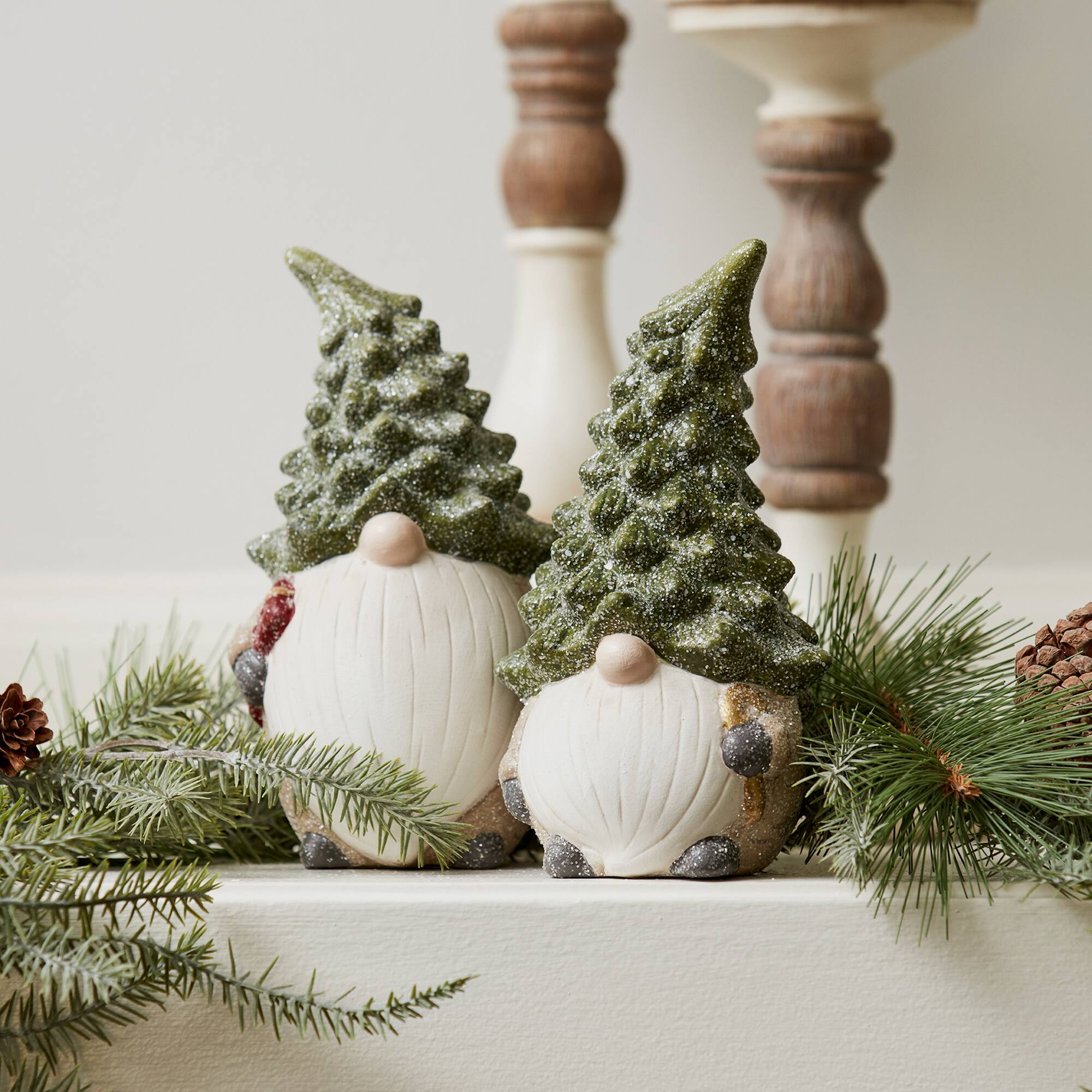 7" Holiday Gnome with Tree Hat Terra Cotta Figurine Set